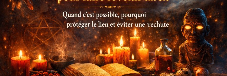 Rituel puissant pour faire revenir un ex avec objets spirituels, bougies et symboles énergétiques dans une atmosphère mystique, sans portrait du marabout