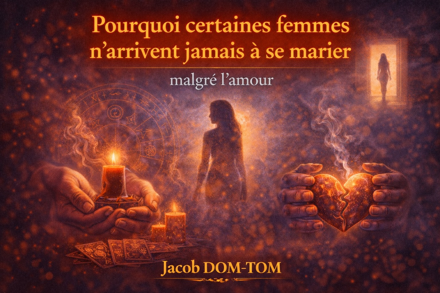 Illustration spirituelle représentant une femme confrontée à un blocage du mariage malgré l’amour, avec symboles énergétiques, bougies et cercle de protection, accompagnée du titre de l’article et du nom de Marabout Jacob DOM-TOM, sans portrait