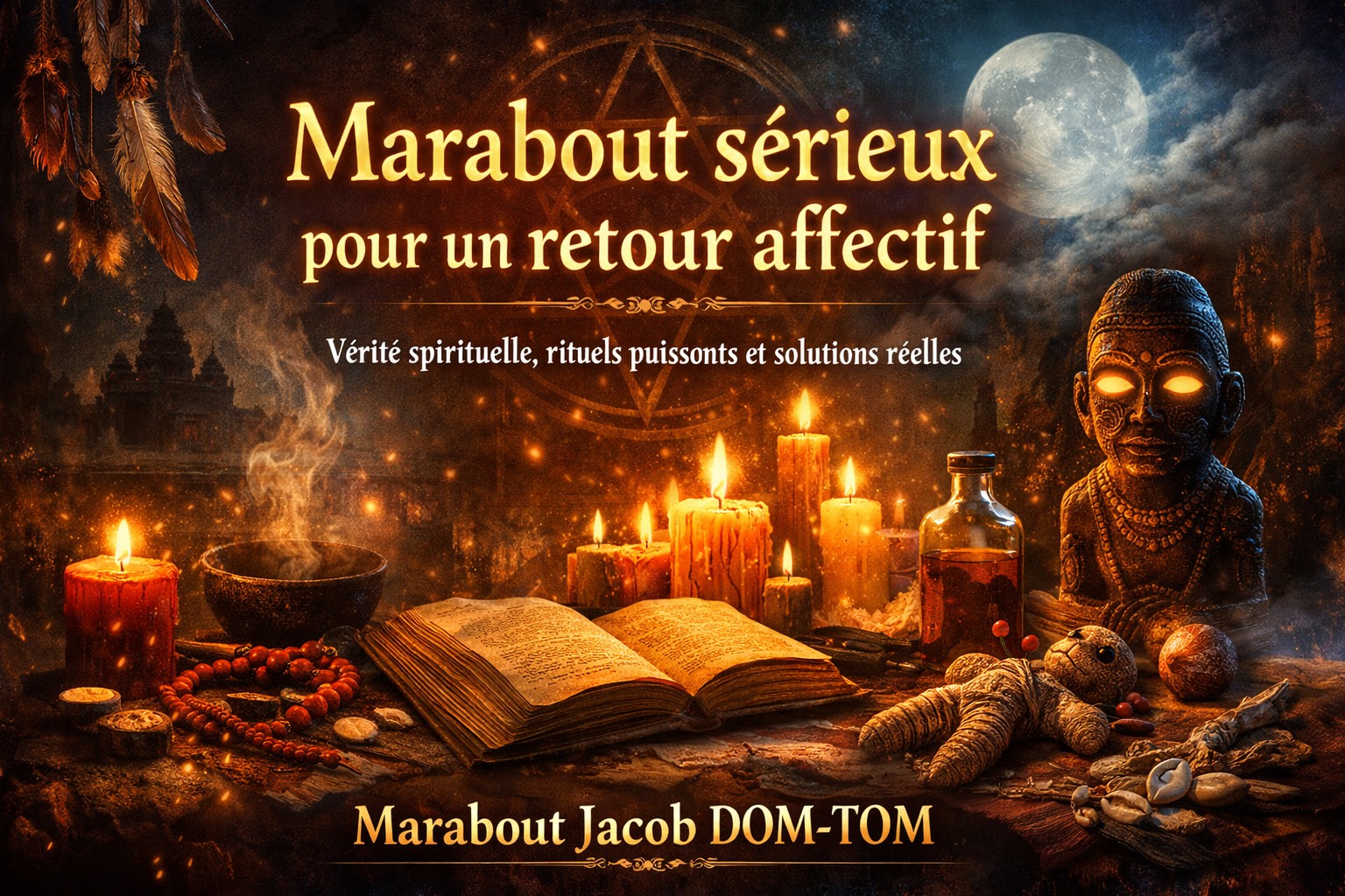 Marabout sérieux pour un retour affectif avec rituels spirituels béninois vodoun – atmosphère mystique sans portrait – Jacob DOM-TOM