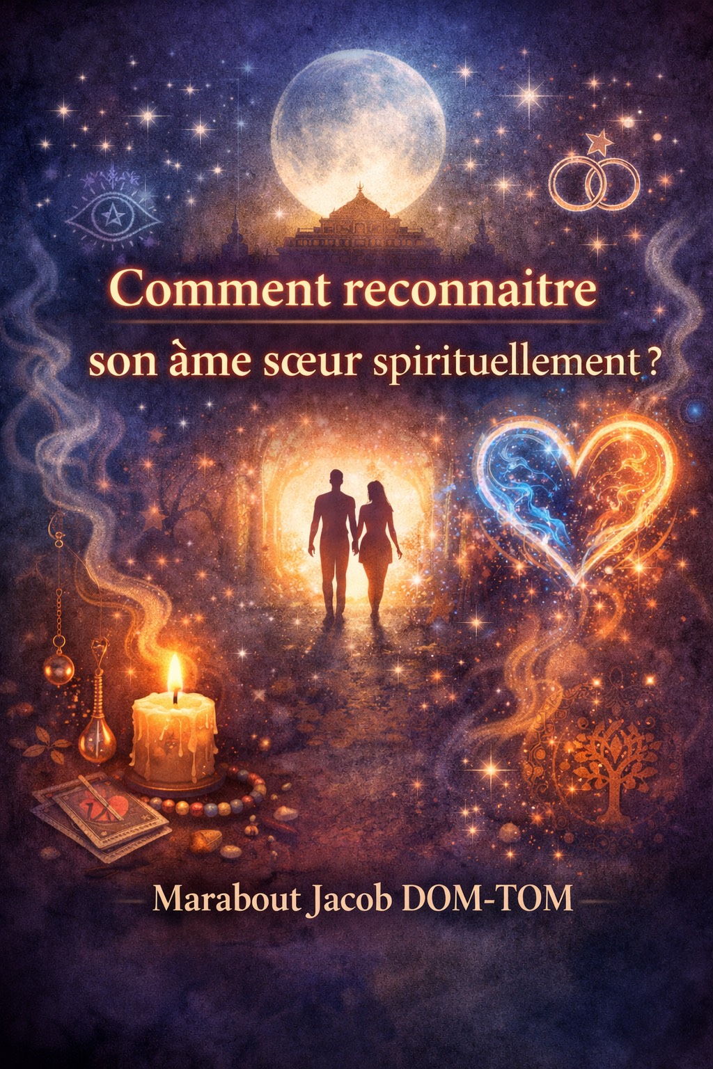 Illustration mystique sur comment reconnaître son âme sœur spirituellement, ambiance énergétique vodoun avec silhouettes, cœur lumineux et symboles spirituels, pour le marabout Jacob DOM-TOM