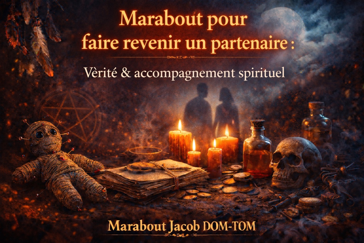 Illustration spirituelle représentant un marabout pour faire revenir un partenaire, avec bougies, symboles énergétiques et cercle de protection, évoquant la consultation spirituelle et l’accompagnement sérieux, Marabout Jacob DOM-TOM