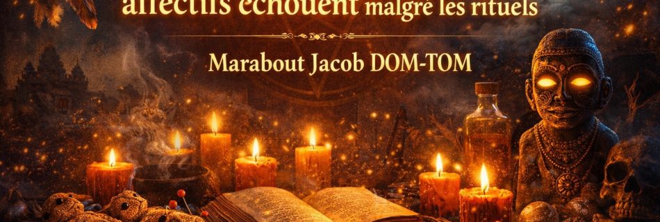 Illustration spirituelle expliquant pourquoi certains retours affectifs échouent malgré les rituels, dans une atmosphère mystique avec symboles rituels, sans portrait, par Marabout Jacob DOM-TOM