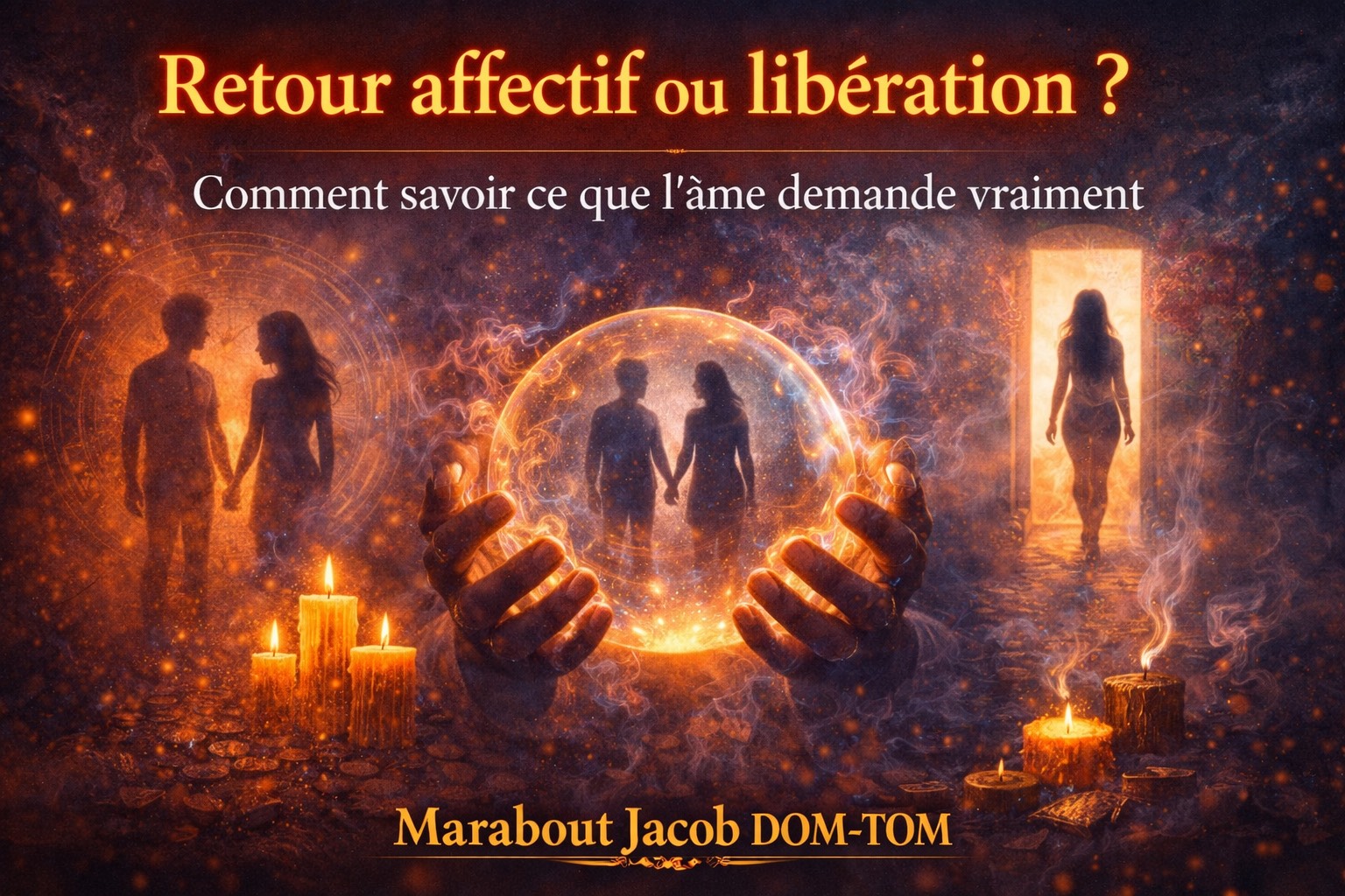 Illustration spirituelle représentant le choix entre retour affectif et libération spirituelle, avec bougies, symboles énergétiques et cercle de protection, évoquant la consultation et l’orientation intérieure, sans portrait