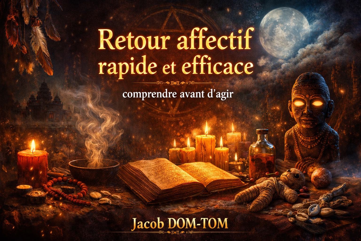 Retour affectif rapide et efficace dans une atmosphère spirituelle avec symboles rituels africains, lumière de bougies et énergie de protection – Jacob DOM-TOM