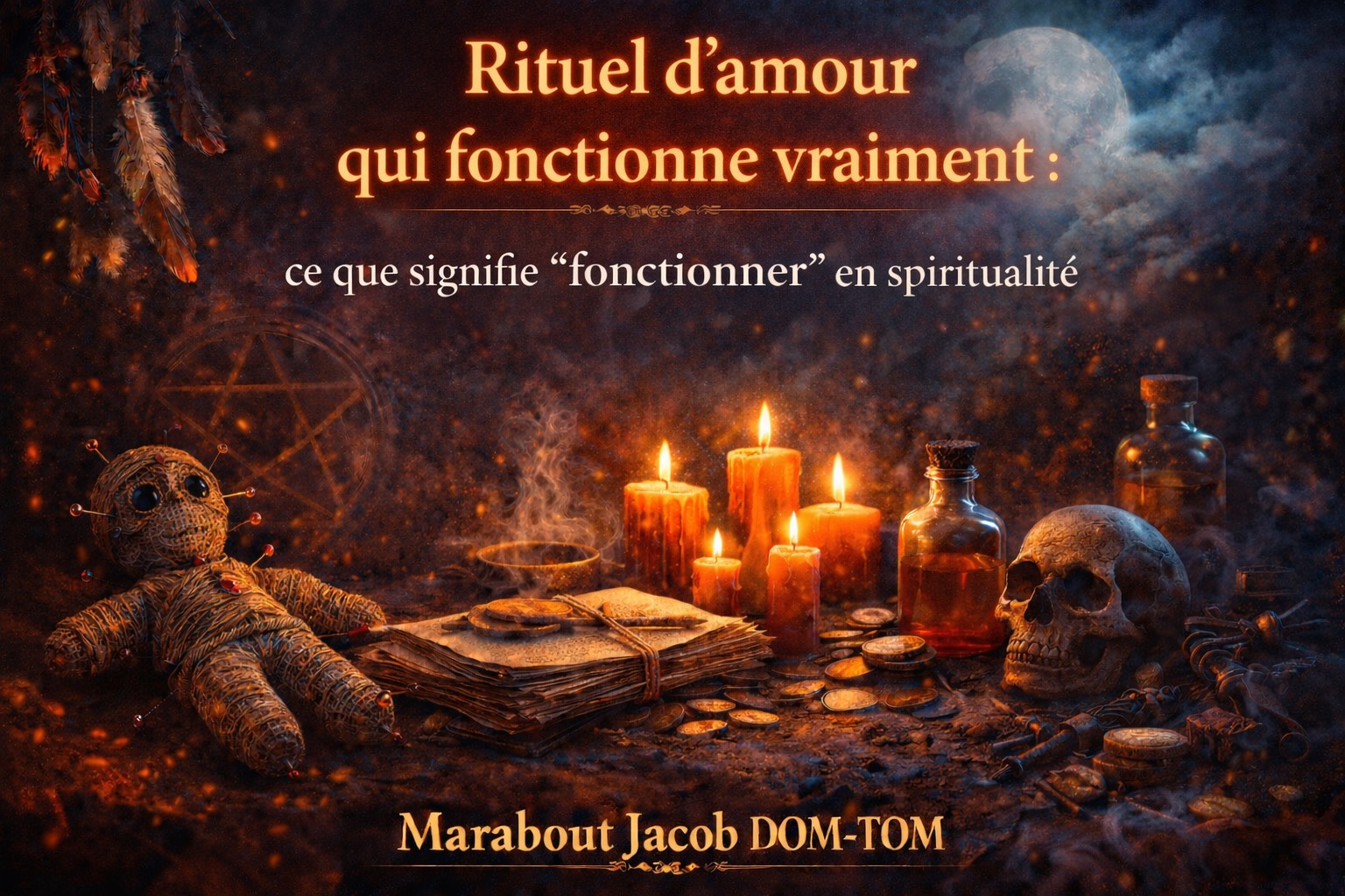 Illustration spirituelle d’un rituel d’amour authentique avec bougies, symboles énergétiques et cercle de protection, représentant un diagnostic spirituel sérieux et un travail d’amour équilibré