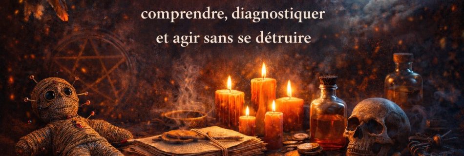 Illustration spirituelle d’un travail spirituel pour récupérer son ex, avec bougies, symboles énergétiques et cercle de protection, évoquant le diagnostic et la protection énergétique, sans portrait du marabout