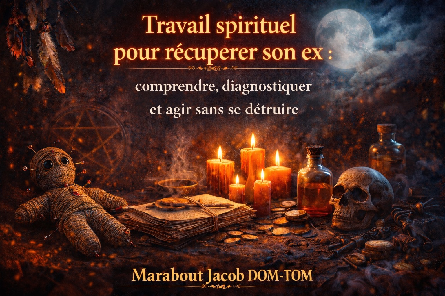 Illustration spirituelle d’un travail spirituel pour récupérer son ex, avec bougies, symboles énergétiques et cercle de protection, évoquant le diagnostic et la protection énergétique, sans portrait du marabout