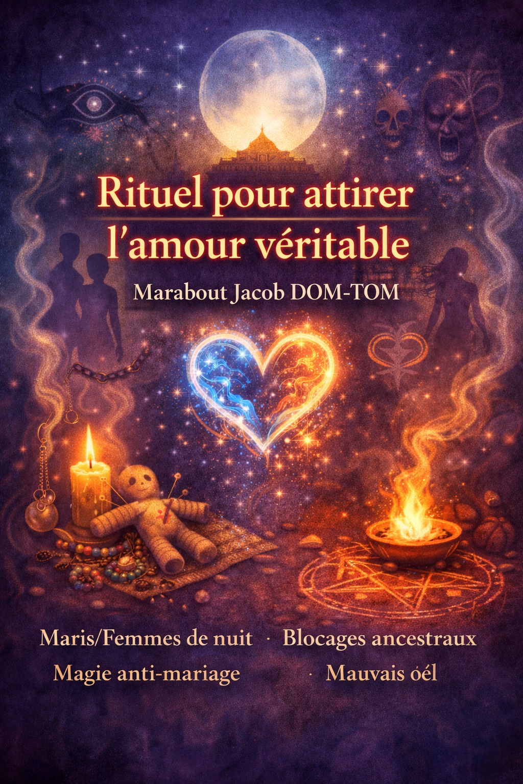 Illustration spirituelle “Rituel pour attirer l’amour véritable” avec symboles ésotériques, cœur énergétique, bougie, feu sacré et objets de rituel — Marabout Jacob DOM-TOM
