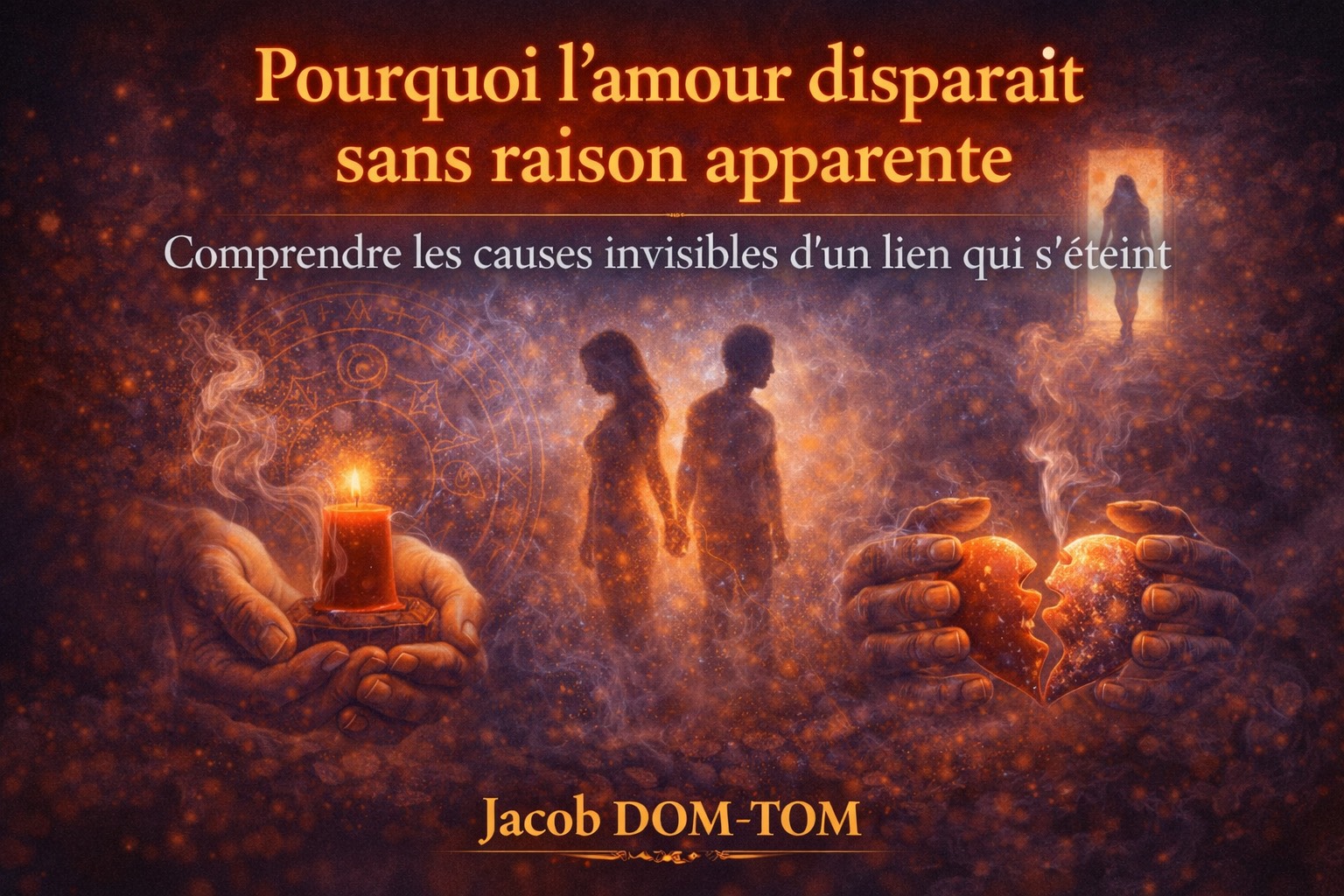 Illustration spirituelle montrant un couple dont le lien s’éteint, avec bougie rituelle, cœur brisé et symboles énergétiques, représentant les causes invisibles d’un amour qui disparaît sans raison apparente, sans portrait
