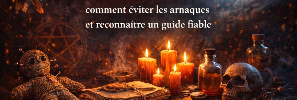 Illustration spirituelle montrant les dangers des faux marabouts dans le retour amoureux, avec bougies, objets rituels et symboles mystiques, sans portrait, dans une atmosphère de vigilance et de discernement