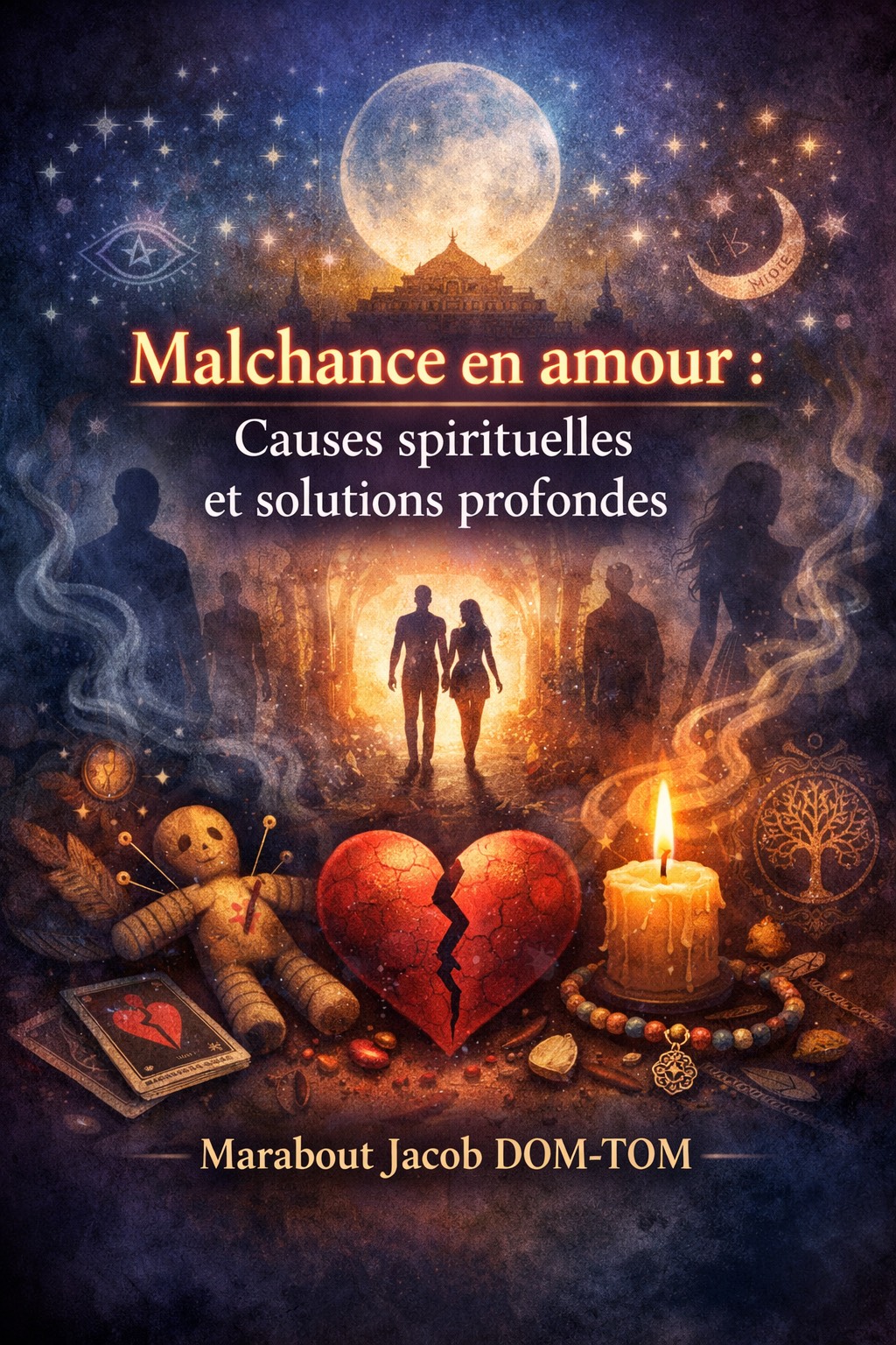 Illustration mystique malchance en amour, causes spirituelles et solutions par le marabout Jacob DOM-TOM, sans portrait, ambiance rituelle et cœur brisé