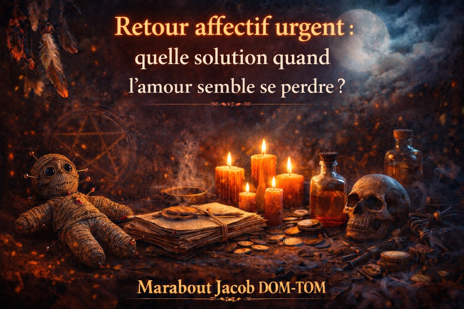 Illustration spirituelle représentant une solution de retour affectif urgent, avec bougies, symboles énergétiques et cercle de protection, évoquant le diagnostic spirituel et l’accompagnement sérieux, sans portrait du marabout