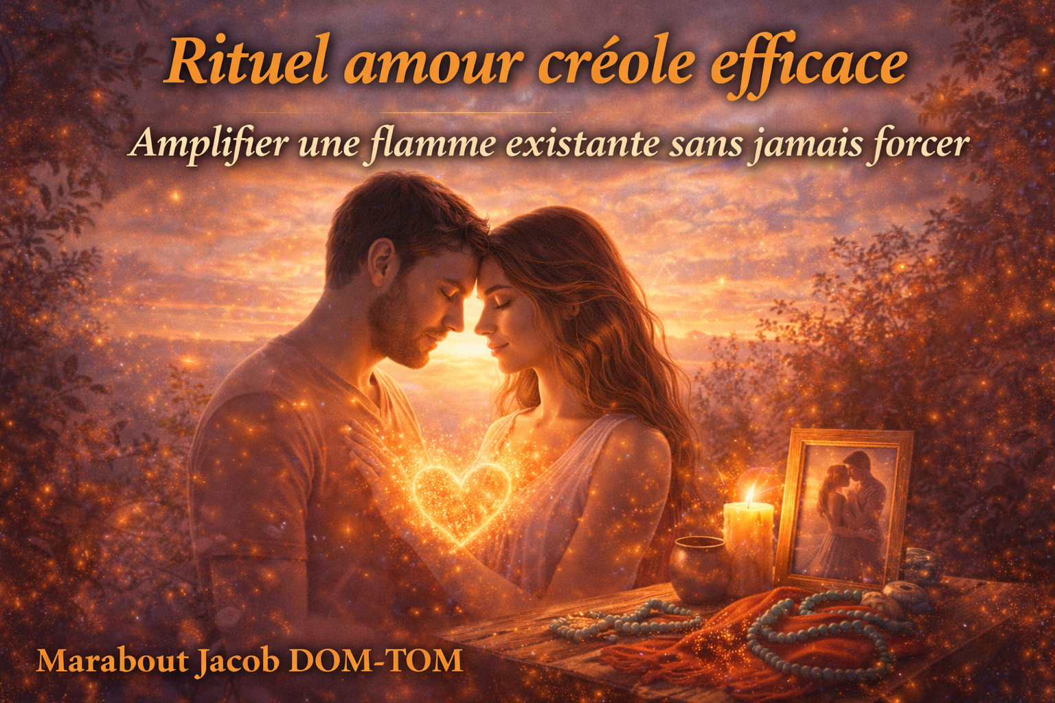 Illustration symbolique d’un rituel amour créole efficace avec bougies, symboles spirituels et ambiance chaleureuse – Marabout Jacob DOM-TOM