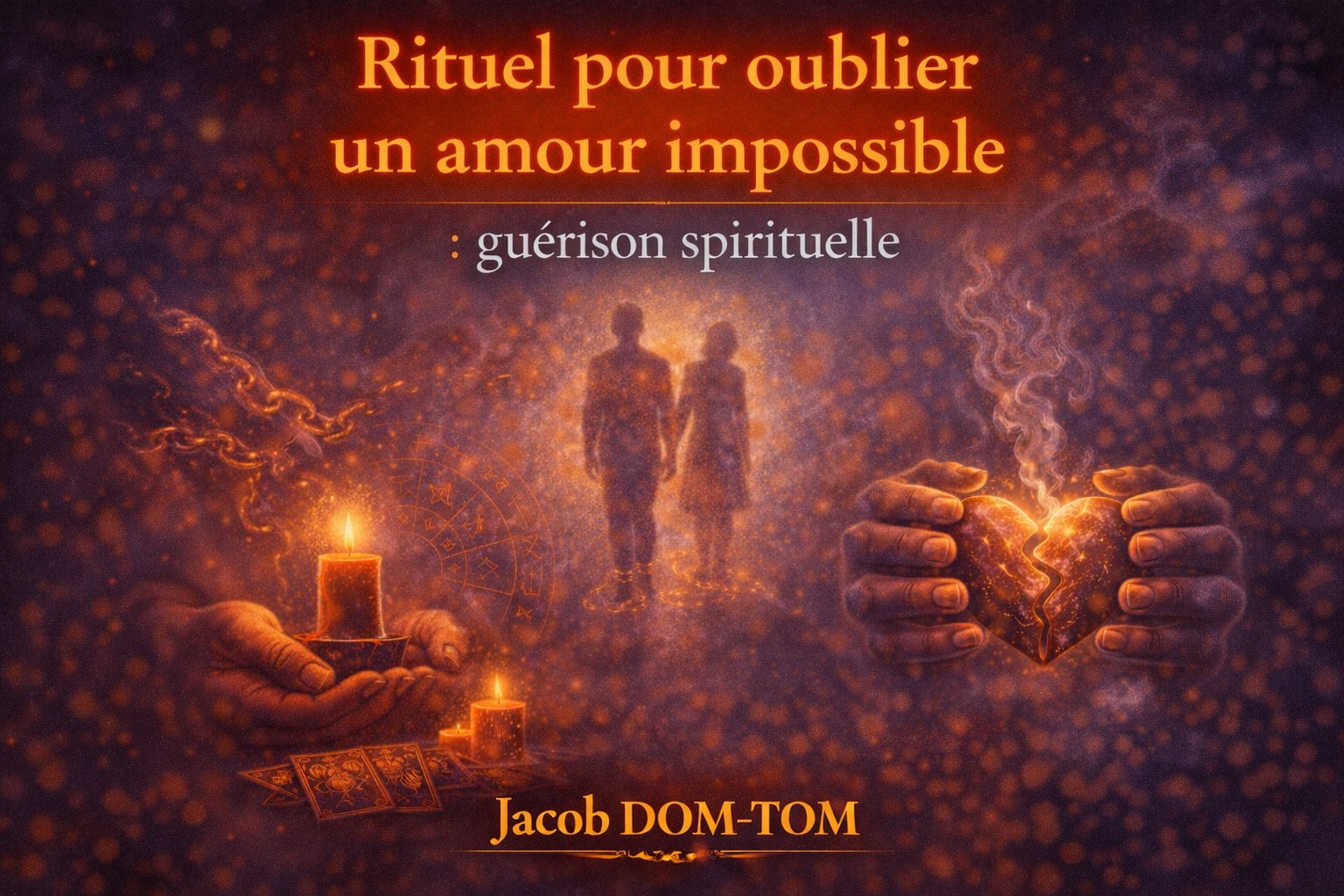 Illustration spirituelle de guérison intérieure pour oublier un amour impossible, avec bougies rituelles, symboles énergétiques et cercle de protection, accompagnée du titre de l’article et du nom de Jacob DOM-TOM, sans portrait