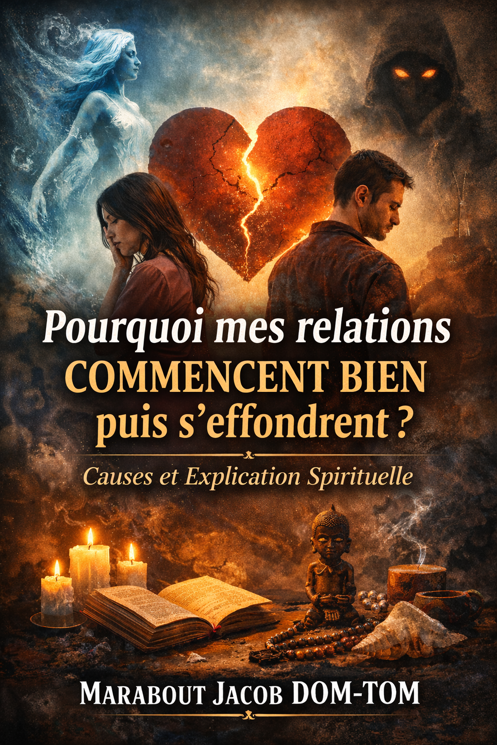Illustration spirituelle représentant un couple en rupture avec un cœur brisé symbolisant les causes émotionnelles et énergétiques des relations qui commencent bien puis s’effondrent, par Marabout Jacob DOM-TOM.
