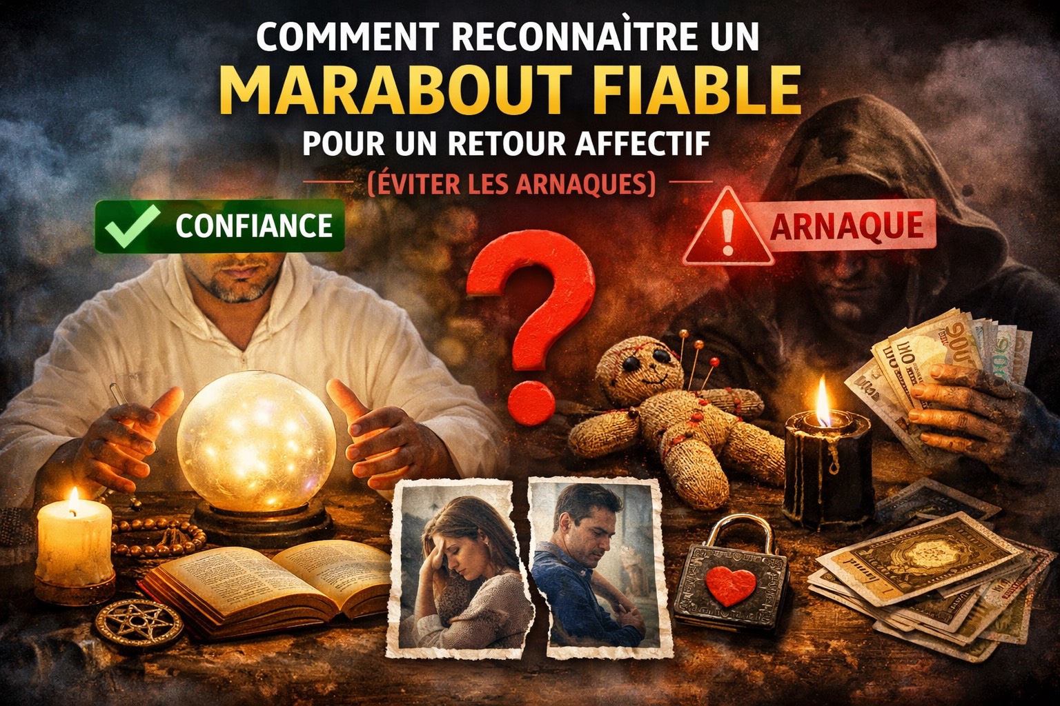 Illustration spirituelle évoquant la fiabilité et la protection contre les arnaques en retour affectif, avec bougies rituelles, lumière protectrice et symboles de discernement, accompagnée du titre de l’article et du nom du marabout Jacob DOM-TOM,
