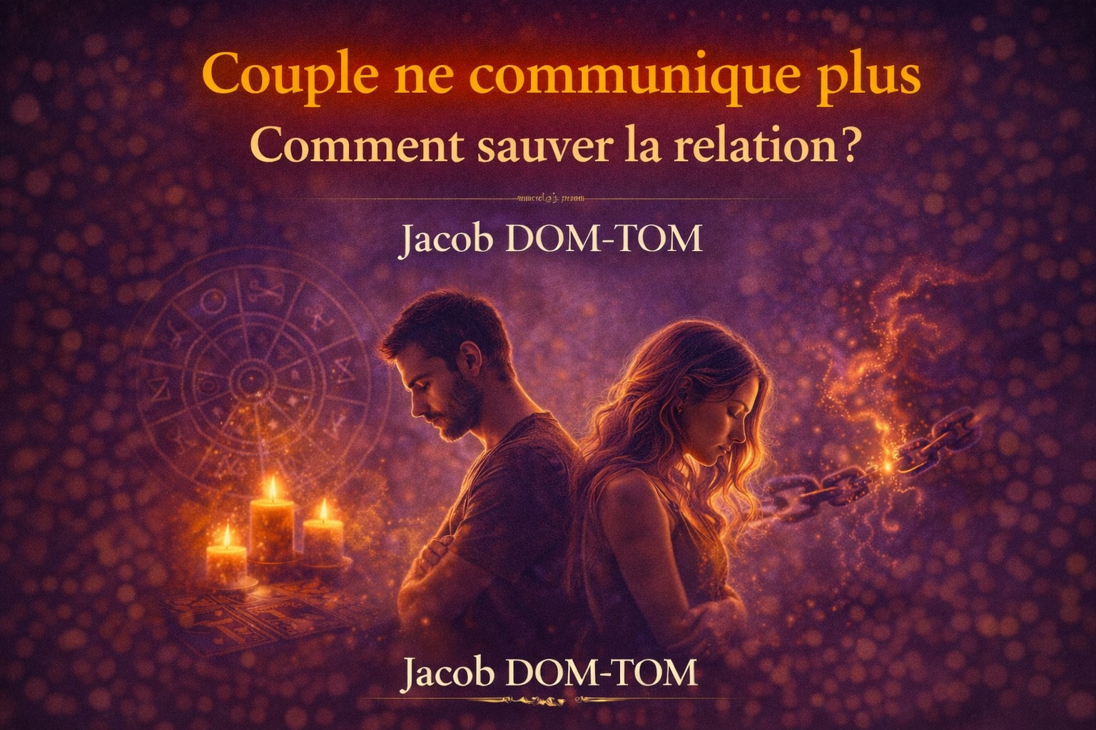 Illustration spirituelle représentant un couple assis dos à dos dans une atmosphère calme, avec bougies et lumière apaisante symbolisant le silence dans le couple et la recherche d’un rééquilibrage énergétique, accompagnée du titre “Couple ne communique plus” et du nom du marabout Jacob DOM-TOM,