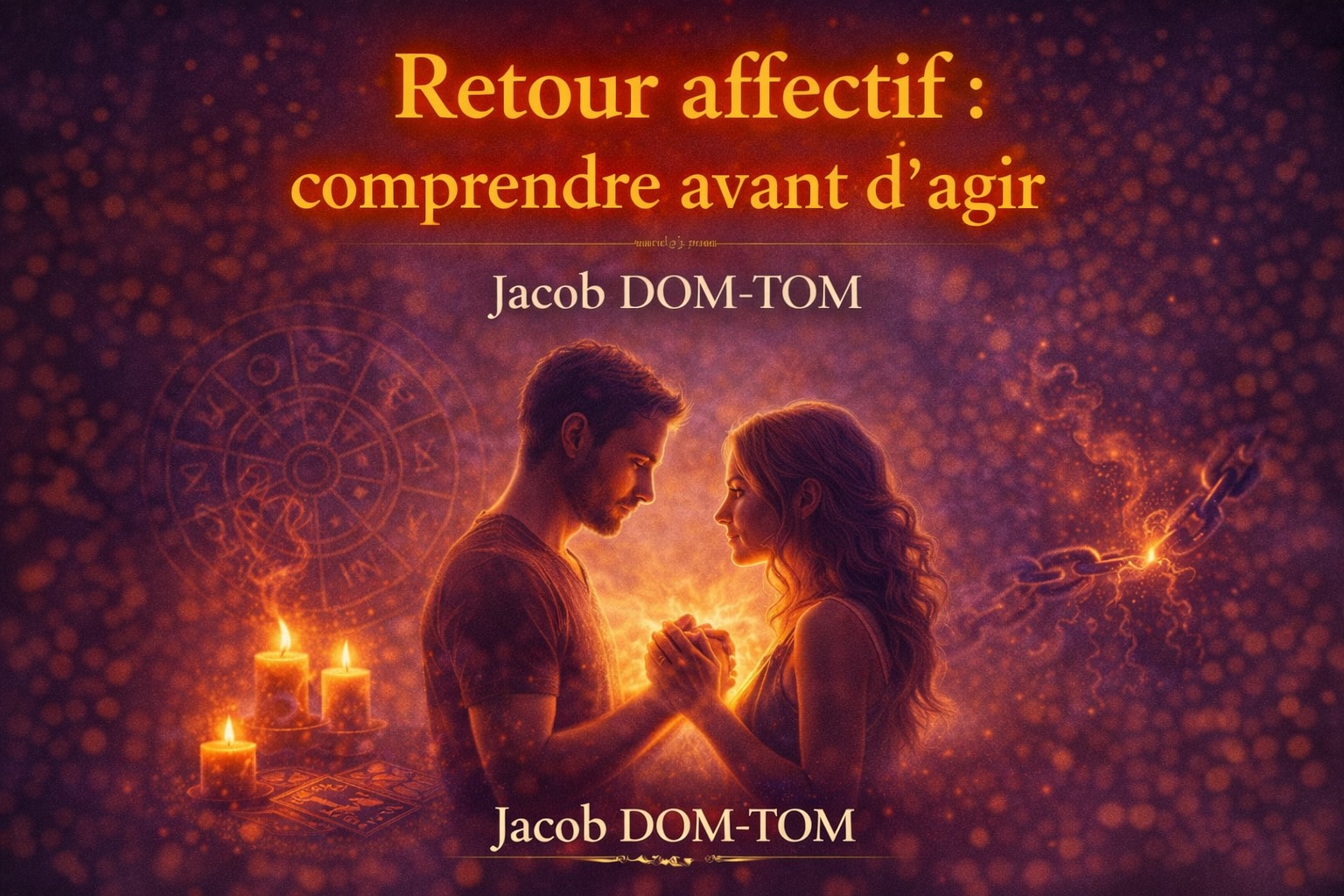 Illustration spirituelle représentant un couple relié par une énergie lumineuse, symbolisant un retour affectif réfléchi, avec bougies rituelles, symboles ésotériques et atmosphère apaisante, accompagnée du titre “Retour affectif : comprendre avant d’agir” et du nom du marabout Jacob DOM-TOM,