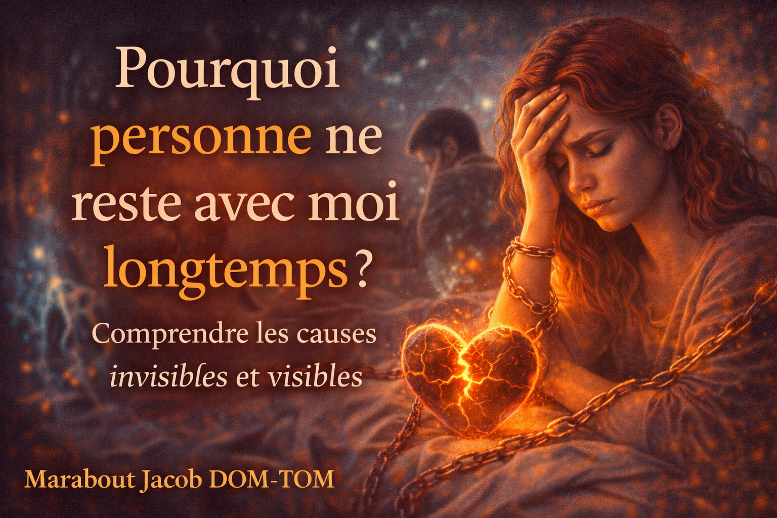 Illustration spirituelle représentant une femme en détresse sentimentale avec cœur lumineux enchaîné symbolisant un schéma amoureux répétitif, accompagnant l’article de Marabout Jacob DOM-TOM