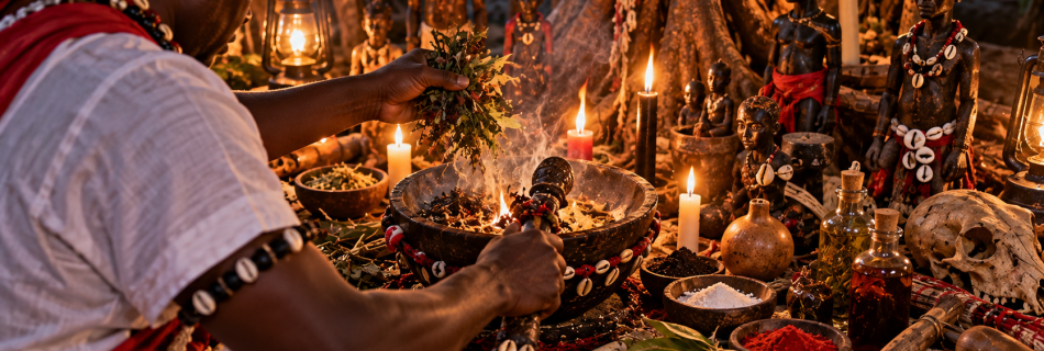 Marabout pratiquant un rituel spirituel traditionnel vodoun béninois avec des plantes africaines dans un sanctuaire éclairé aux bougies.
