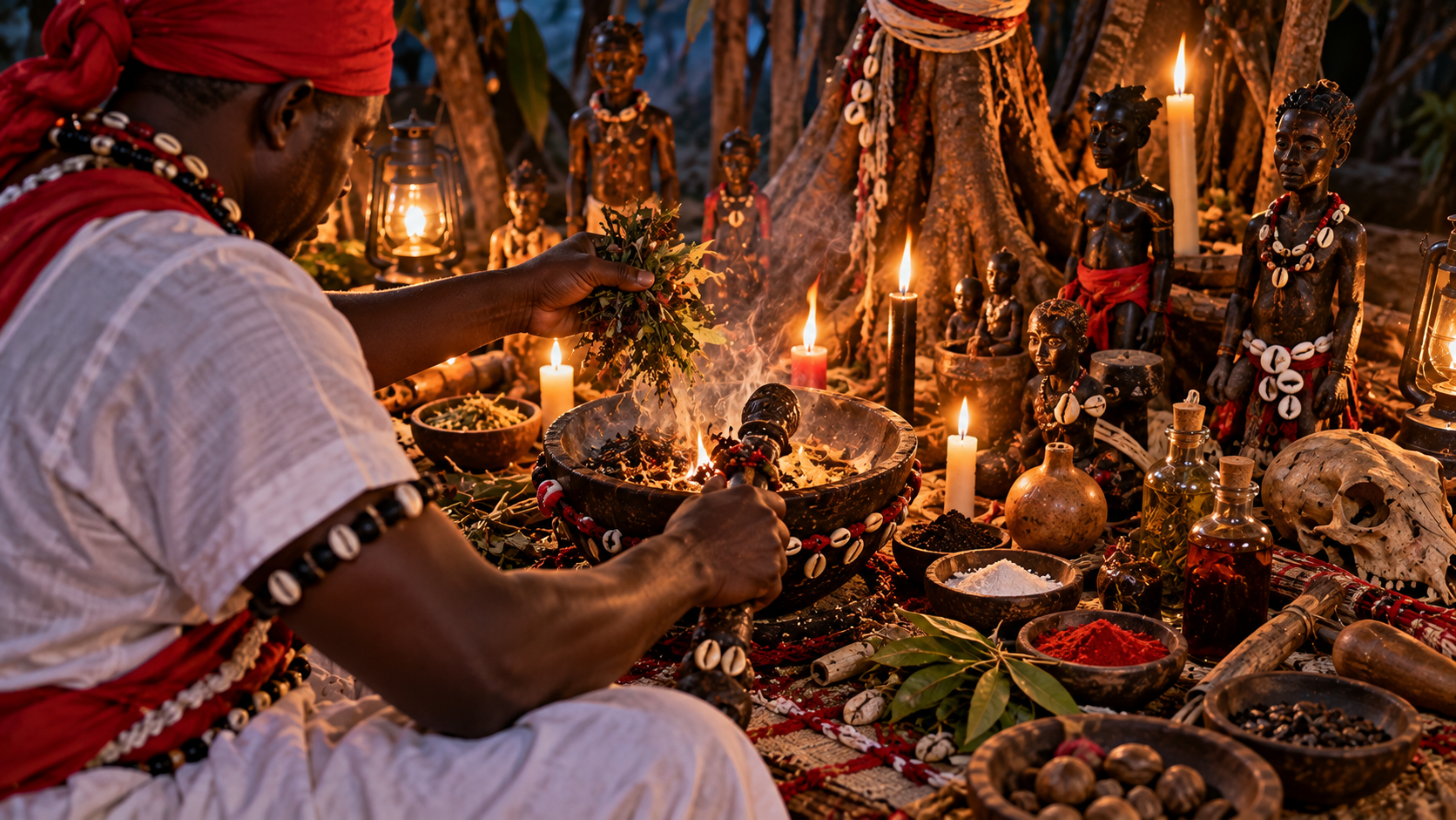 Marabout pratiquant un rituel spirituel traditionnel vodoun béninois avec des plantes africaines dans un sanctuaire éclairé aux bougies.