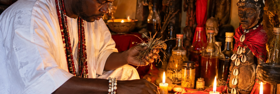 Autel rituel vodoun béninois avec bougies, plantes, cauris et objets traditionnels pour un accompagnement spirituel lié aux paiements bloqués.