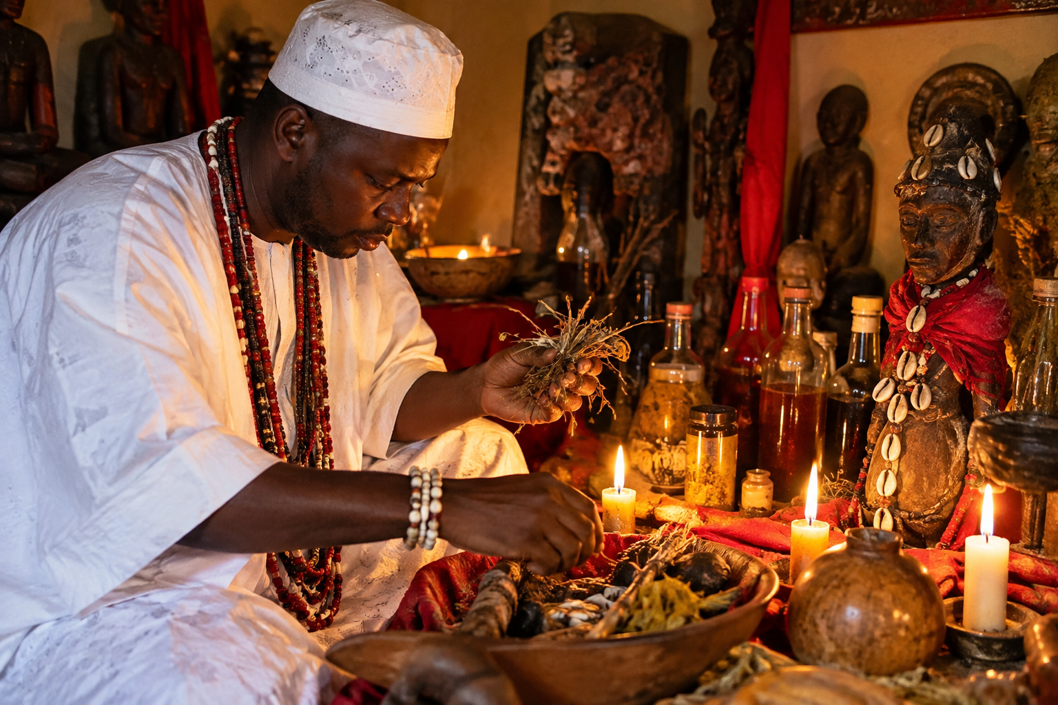 Autel rituel vodoun béninois avec bougies, plantes, cauris et objets traditionnels pour un accompagnement spirituel lié aux paiements bloqués.