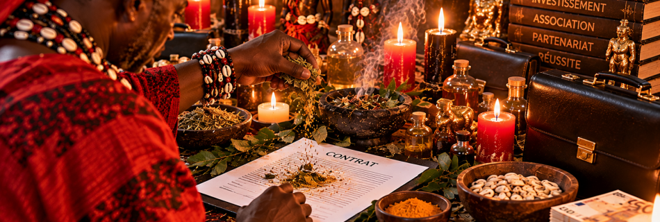Marabout réalisant un rituel de protection spirituelle sur un contrat d'affaires avec des plantes, des cauris et des bougies.