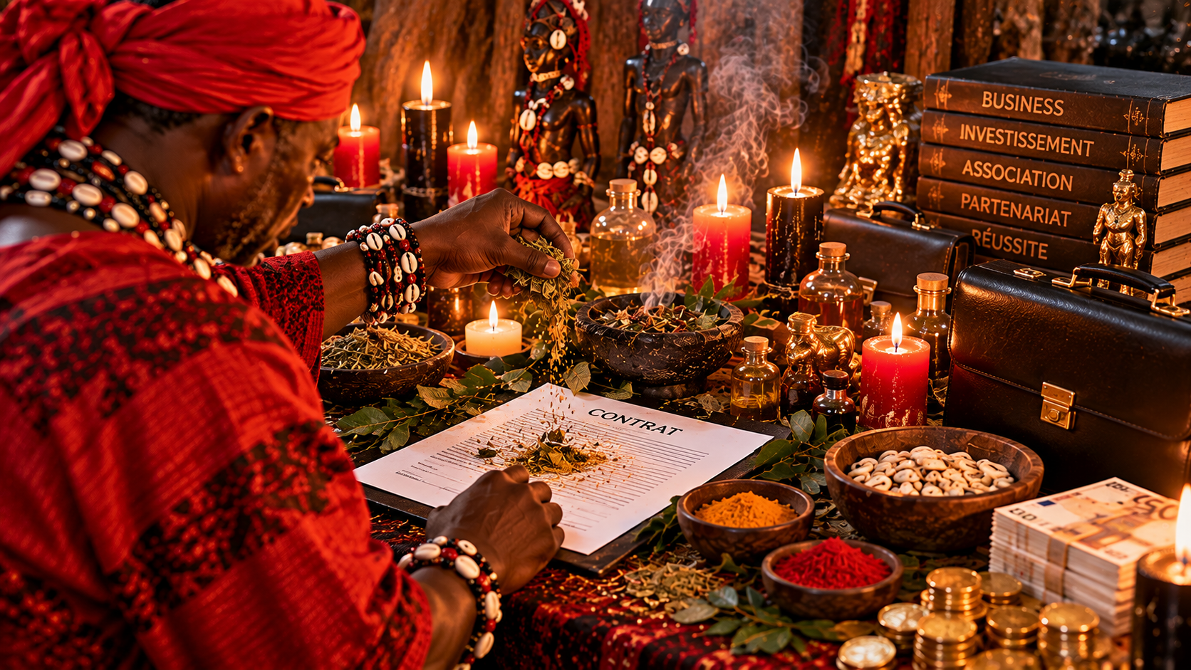 Marabout réalisant un rituel de protection spirituelle sur un contrat d'affaires avec des plantes, des cauris et des bougies.