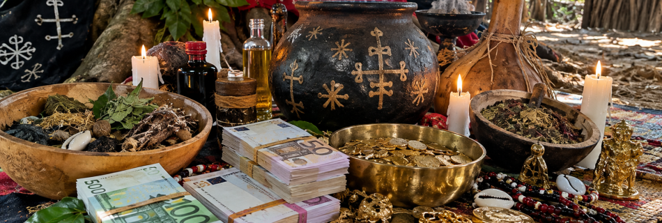 Cérémonie spirituelle vodoun béninoise d'ouverture financière dans un espace rituel traditionnel