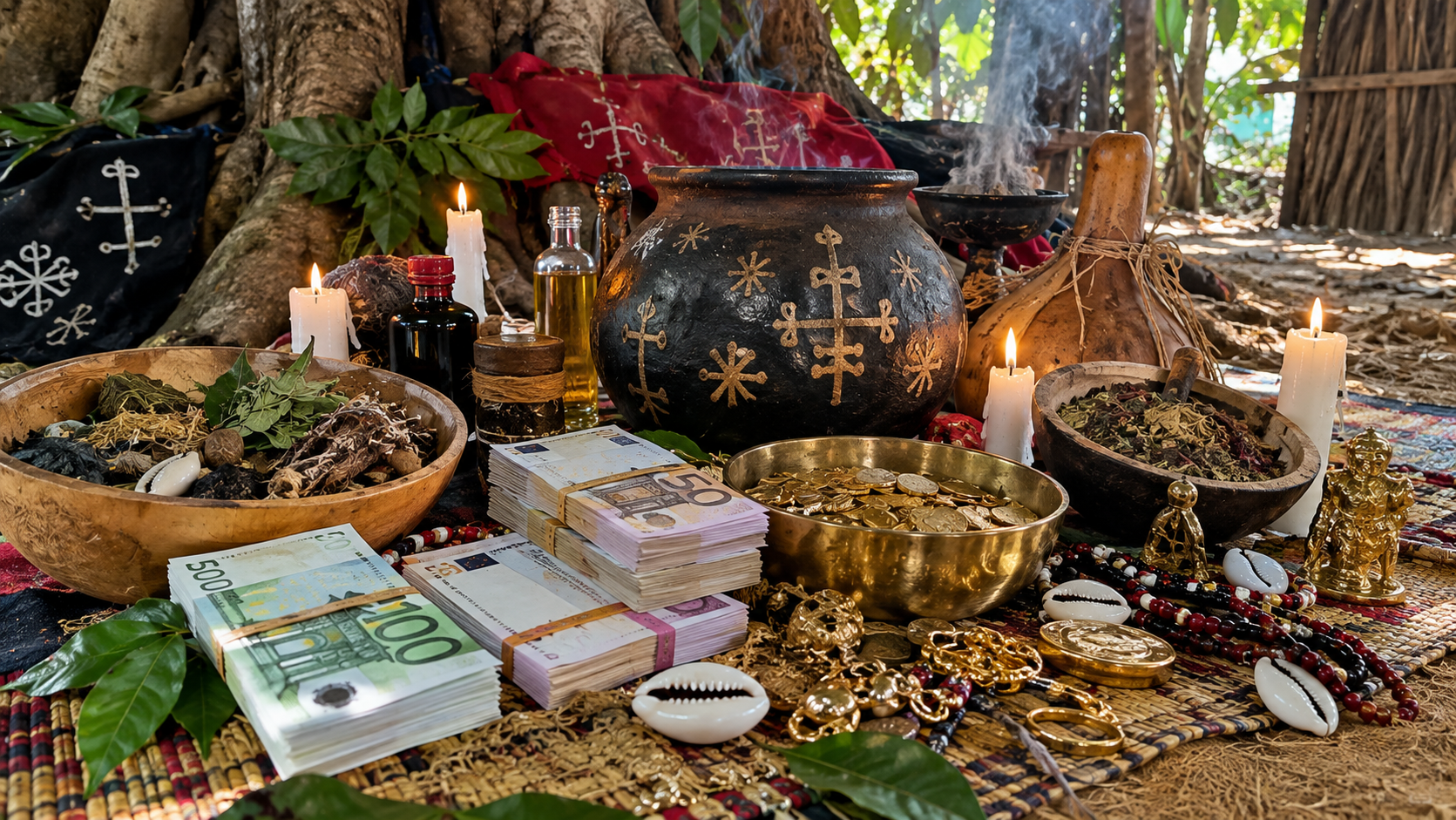 Cérémonie spirituelle vodoun béninoise d'ouverture financière dans un espace rituel traditionnel