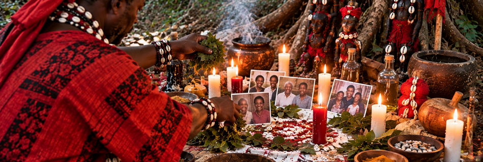 Marabout pratiquant un rituel traditionnel vodoun béninois de réconciliation familiale en forêt, avec des photos de famille, des plantes et des bougies.