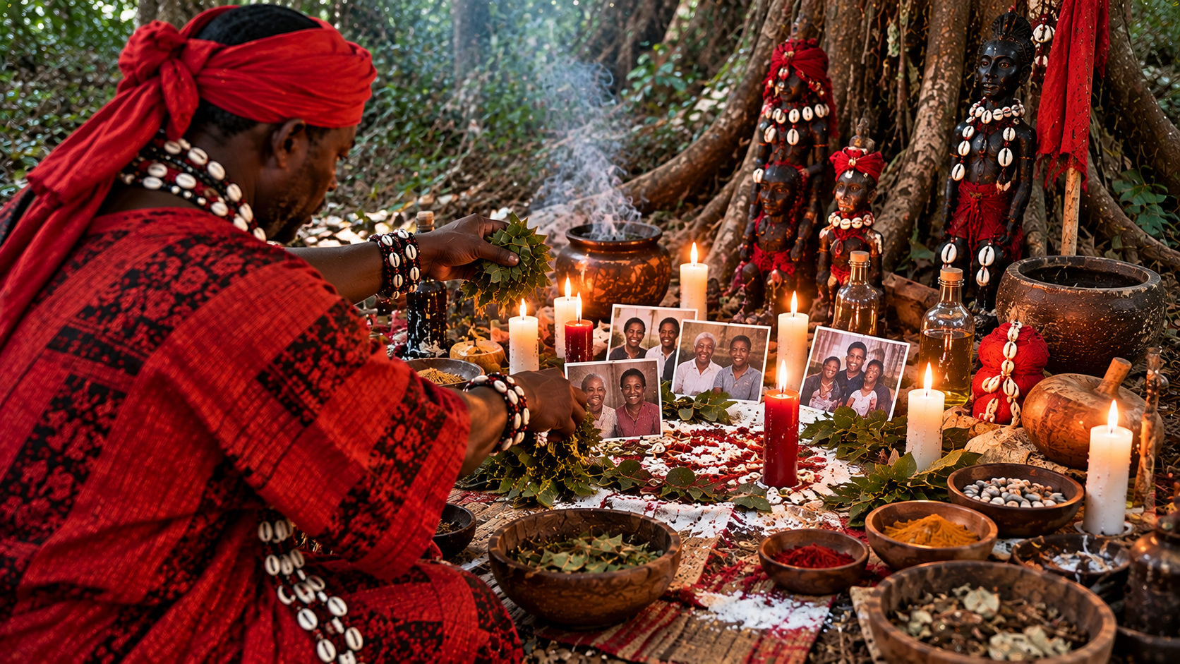 Marabout pratiquant un rituel traditionnel vodoun béninois de réconciliation familiale en forêt, avec des photos de famille, des plantes et des bougies.