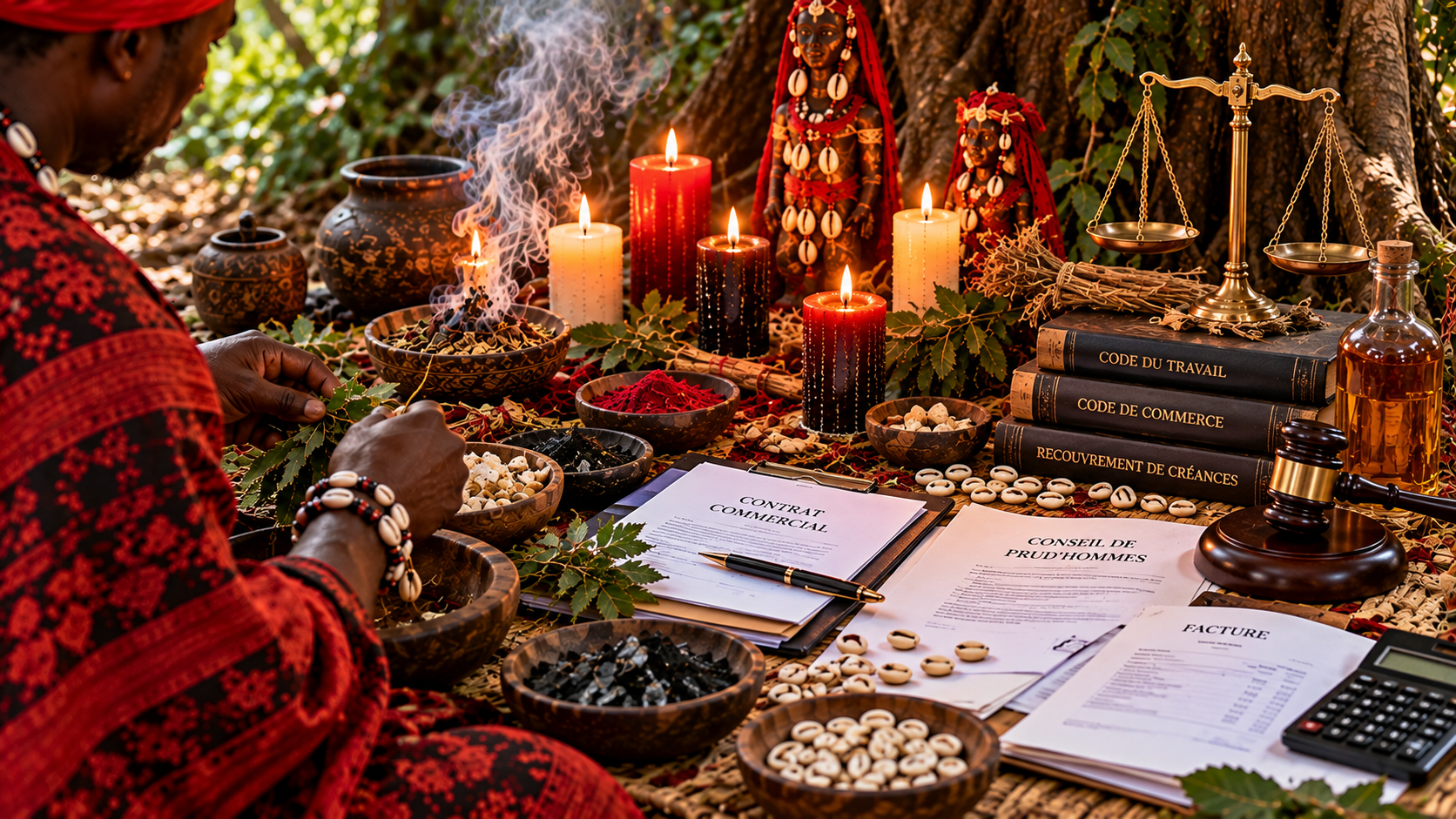 Rituel vodoun béninois avec documents prud'homaux, contrat commercial, facture, balance de justice, plantes et cauris.