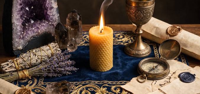 Praticien vodoun béninois réalisant un rituel traditionnel de protection spirituelle du travail avec des plantes et des objets rituels.