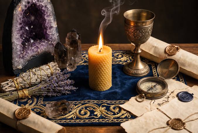 Praticien vodoun béninois réalisant un rituel traditionnel de protection spirituelle du travail avec des plantes et des objets rituels.