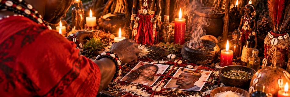 Marabout pratiquant un rituel traditionnel vodoun béninois avec deux photos de couple, des plantes africaines et des bougies