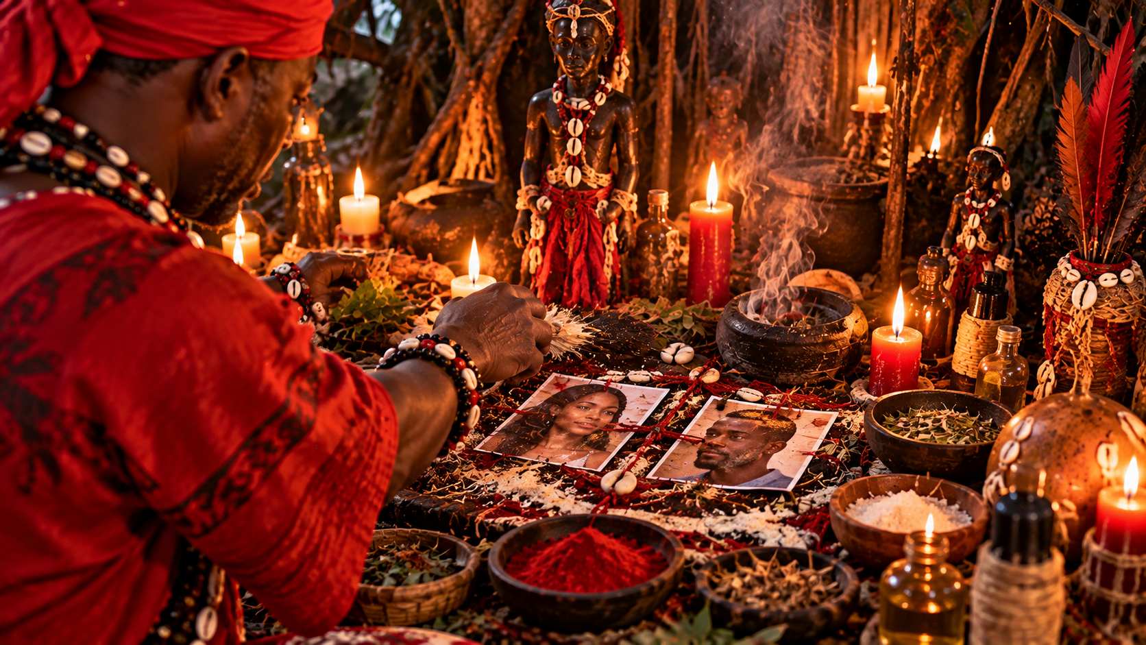 Marabout pratiquant un rituel traditionnel vodoun béninois avec deux photos de couple, des plantes africaines et des bougies