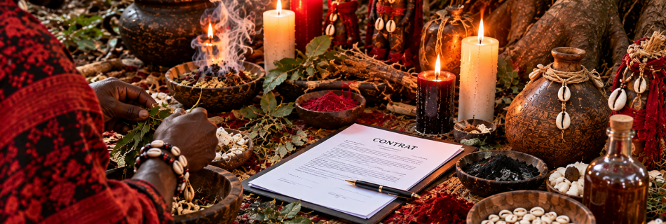 Rituel traditionnel vodoun béninois avec un contrat professionnel posé sur un autel en forêt, entouré de plantes, de cauris et de bougies.