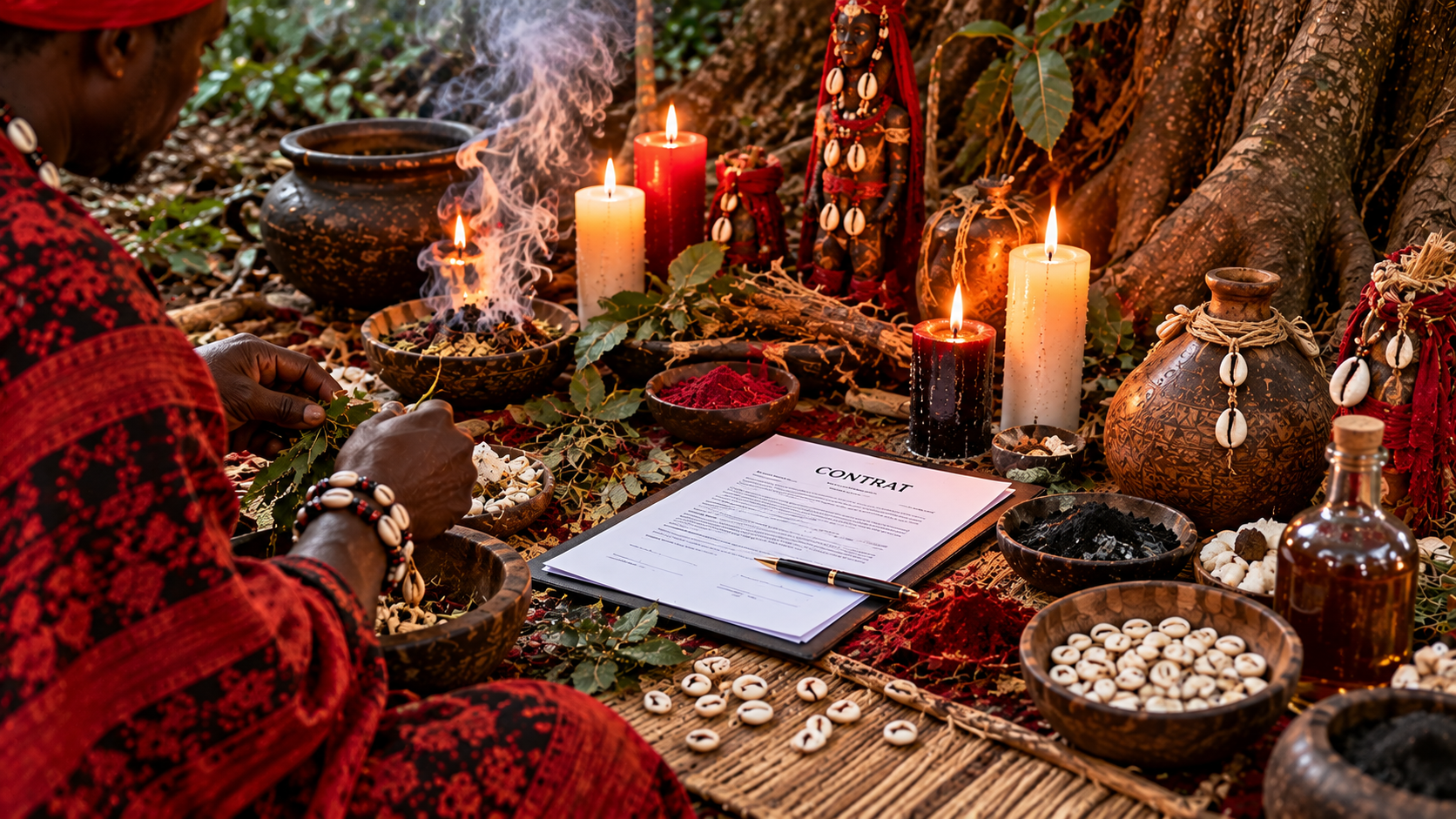 Rituel traditionnel vodoun béninois avec un contrat professionnel posé sur un autel en forêt, entouré de plantes, de cauris et de bougies.