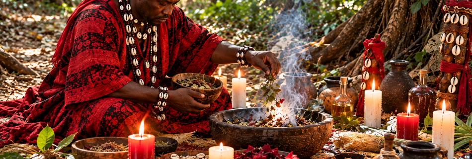 Marabout réalisant un rituel traditionnel vodoun béninois de détachement amoureux en forêt avec des plantes, des cauris et des bougies.