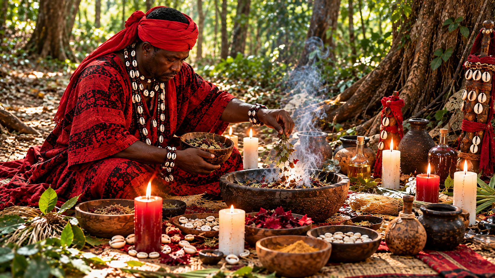 Marabout réalisant un rituel traditionnel vodoun béninois de détachement amoureux en forêt avec des plantes, des cauris et des bougies.