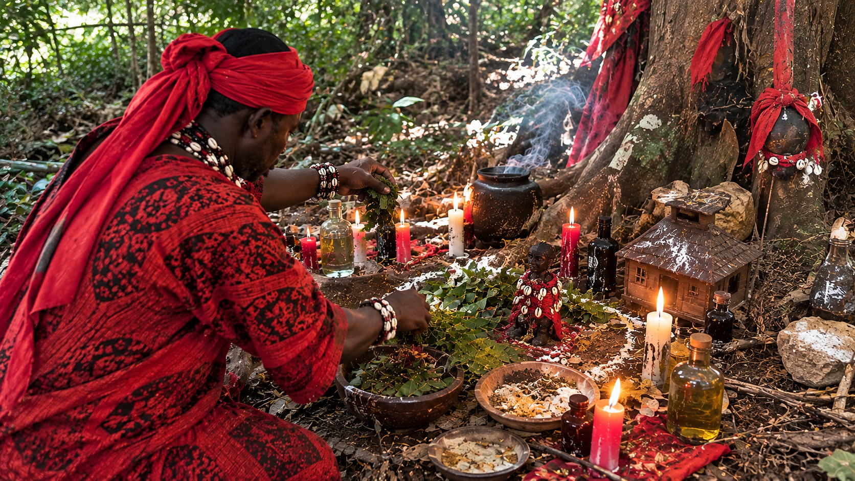 Marabout réalisant un rituel africain de protection spirituelle d'une maison dans une forêt, avec des plantes, des cauris et des bougies.