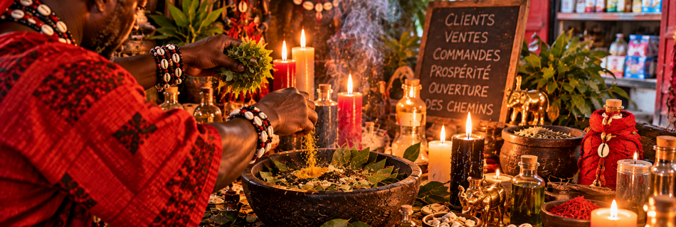 Marabout réalisant un rituel africain de prospérité commerciale avec des plantes, des cauris et des bougies devant une boutique.