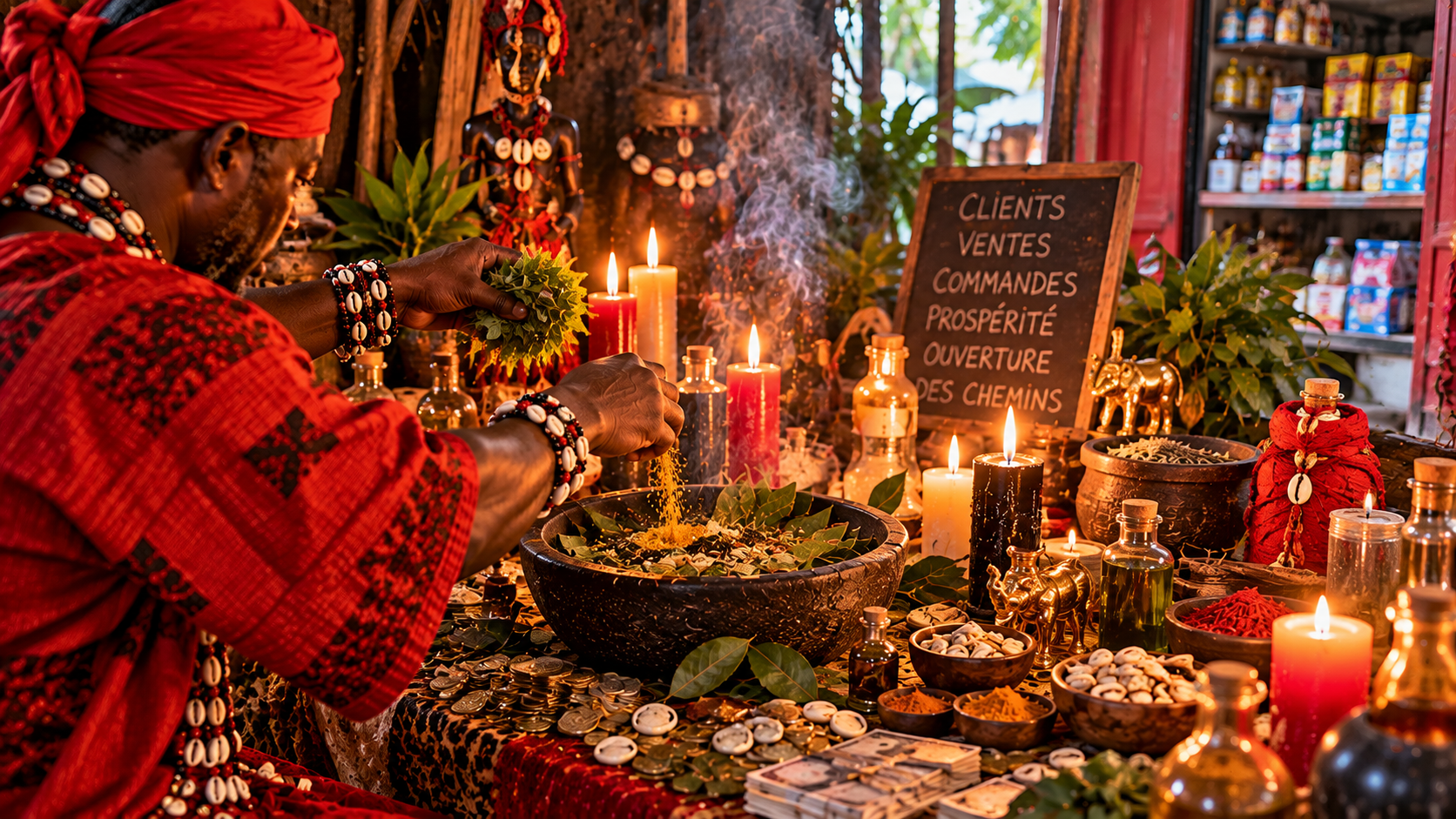 Marabout réalisant un rituel africain de prospérité commerciale avec des plantes, des cauris et des bougies devant une boutique.