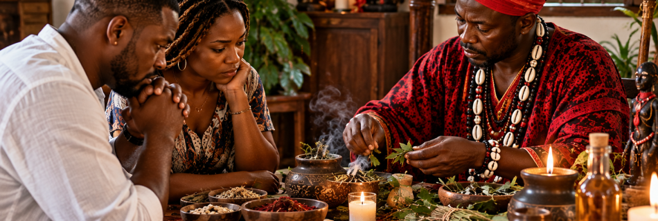Marabout pratiquant un rituel vodoun d'apaisement du foyer avec un couple, des plantes traditionnelles et des cauris.