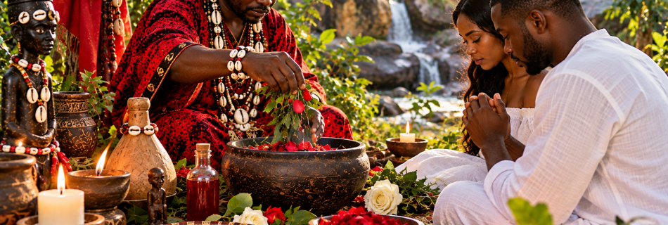 Rituel spirituel vodoun pour trouver le vrai amour, réalisé dans la nature avec des plantes, des cauris et un couple.