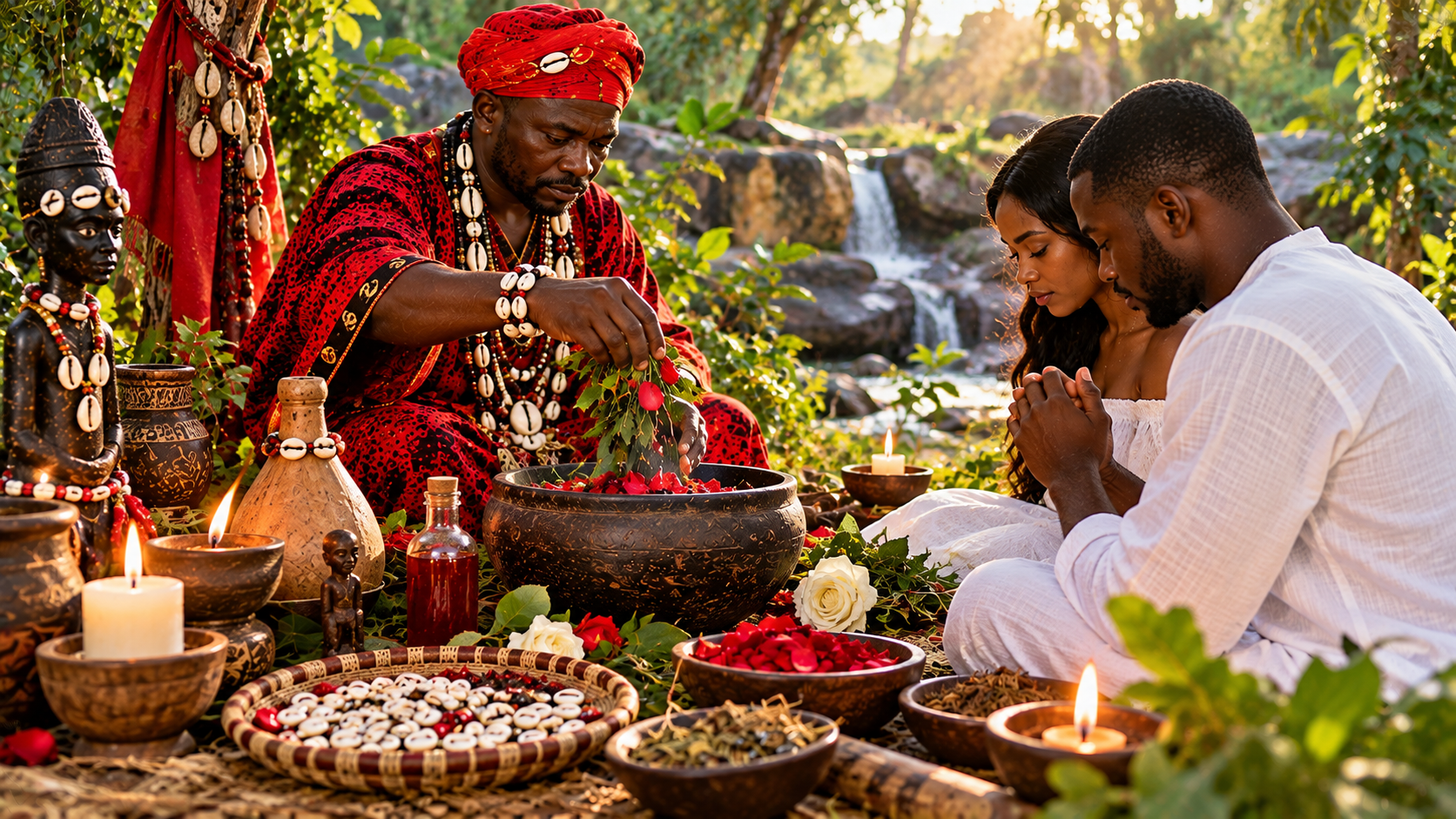 Rituel spirituel vodoun pour trouver le vrai amour, réalisé dans la nature avec des plantes, des cauris et un couple.