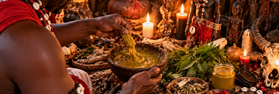 Préparation traditionnelle de plantes africaines et pommade pour un rituel de vitalité masculine