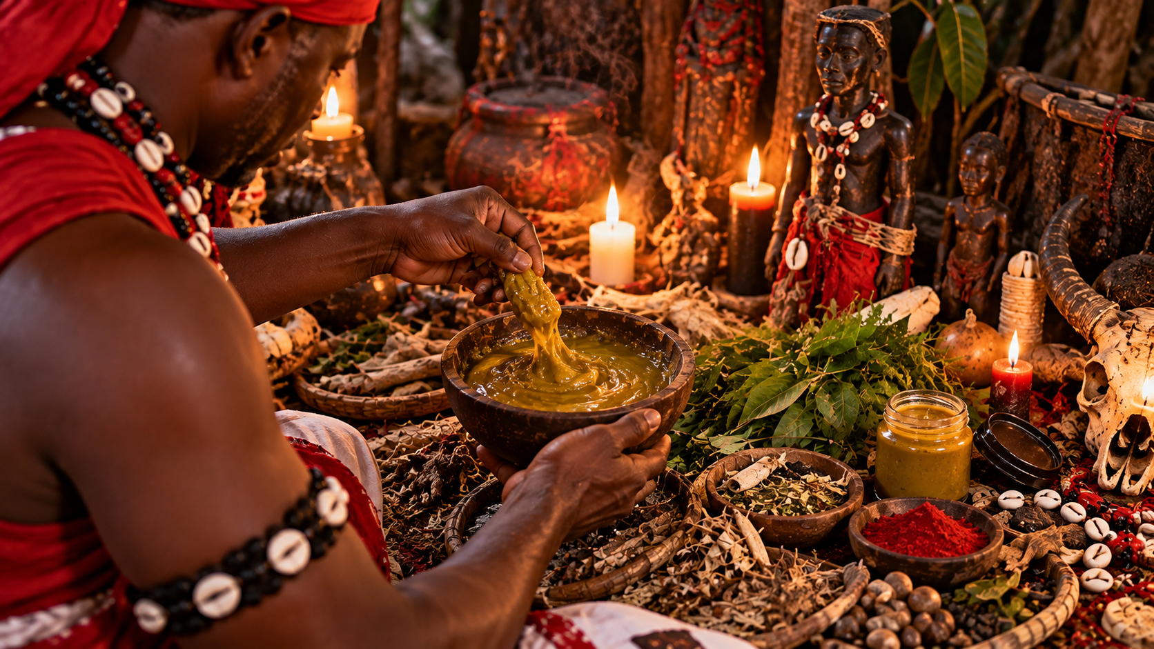 Préparation traditionnelle de plantes africaines et pommade pour un rituel de vitalité masculine